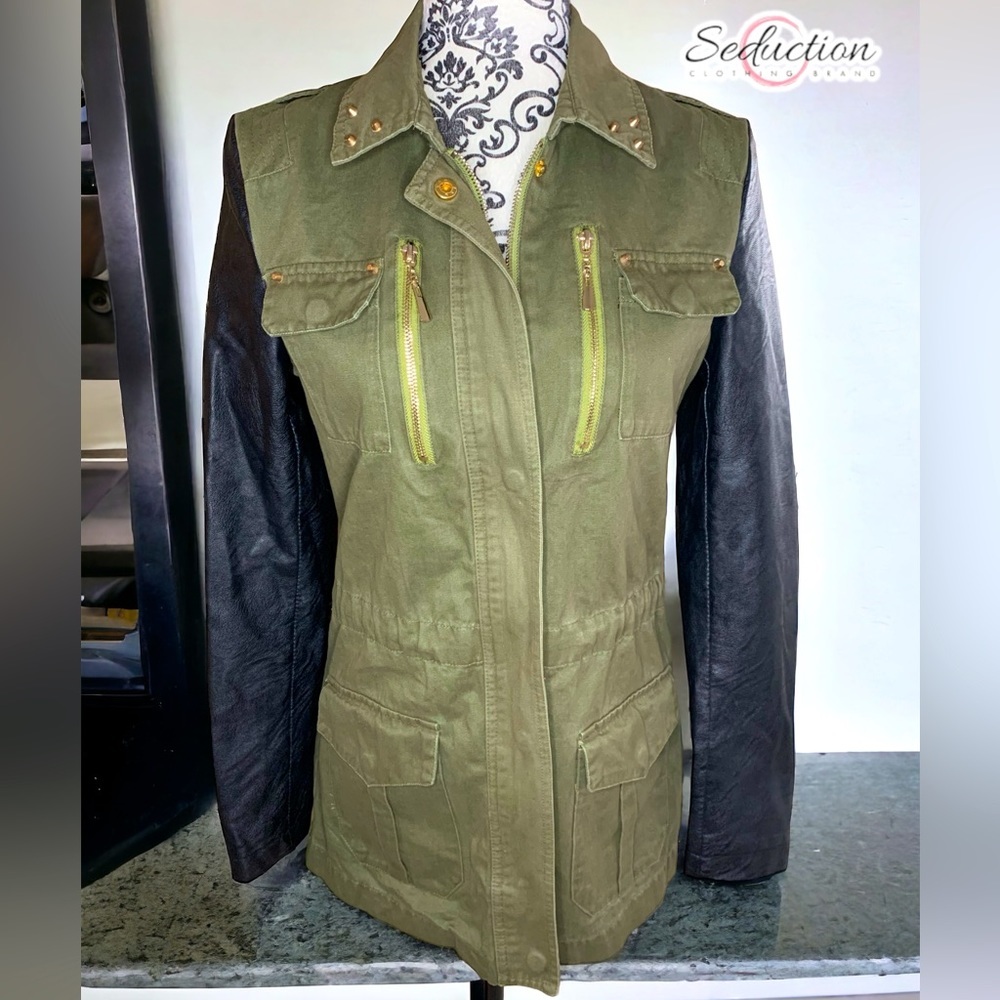 SEDUCTIONS Women’s Military Style Jacket with Faux Leather Sleeve- Medium